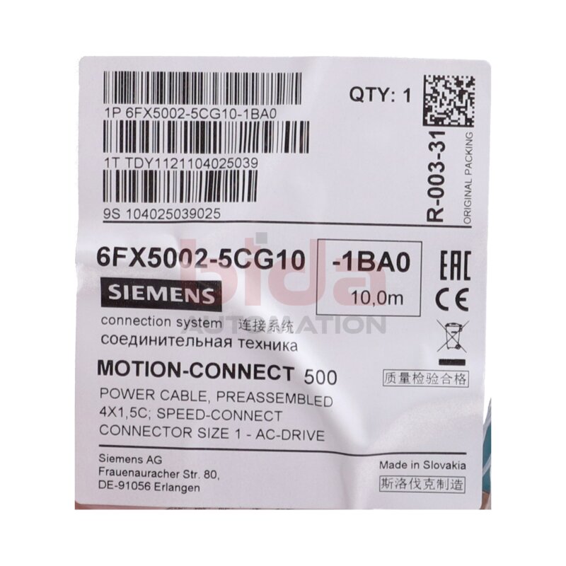 Siemens 6FX5002-5CG10-1BA0 Leistungsleitung Power Cable 10m