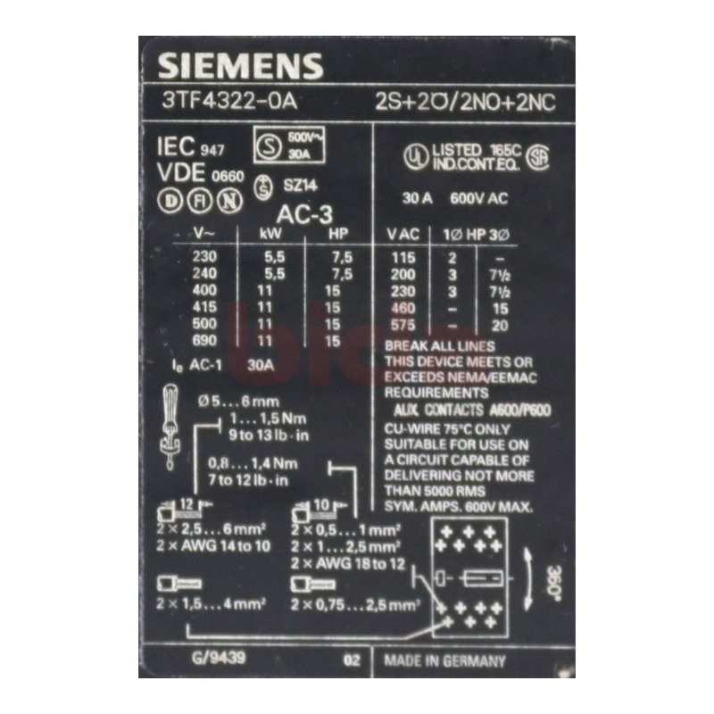 Siemens 3TF4322-0A Sch&uuml;tz Contector 30A 500V