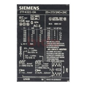 Siemens 3TF4322-0A Schütz Contector 30A 500V