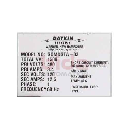 Daykin Electric GOMDGTA-03 Transformator Transformer  1500 VA 480V