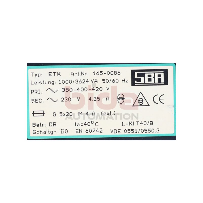 SBA Typ. ETK Art.Nr: 165-0086 Transformator Transformer  1000/3624 VA 230V 4,35A