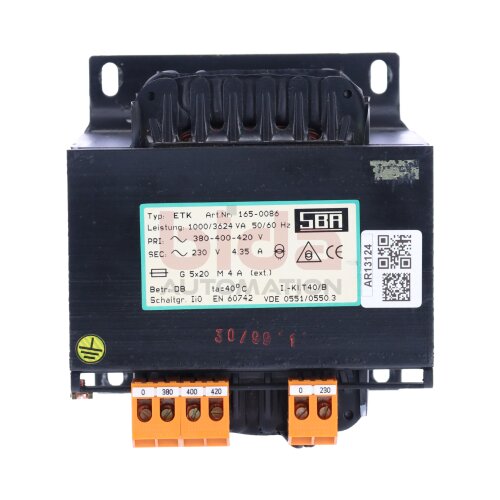 SBA Typ. ETK Art.Nr: 165-0086 Transformator Transformer  1000/3624 VA 230V 4,35A