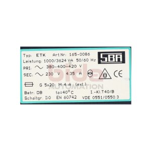 SBA Typ. ETK Art.Nr: 165-0086 Transformator Transformer...