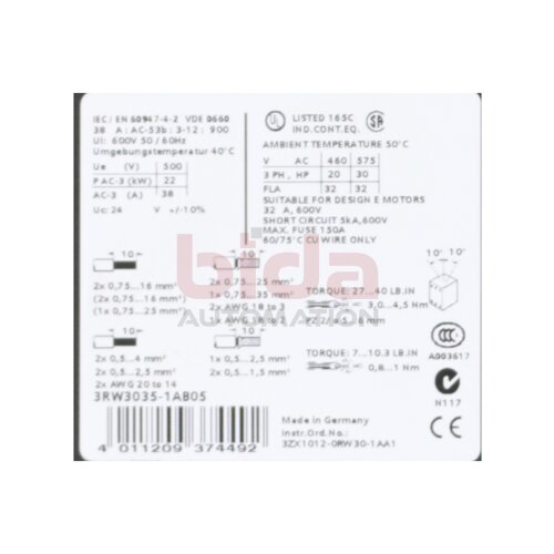 Siemens 3RW3035-1AB05 / 3RW3035-1AB05 Sanftstarter Soft starter 600V 38A