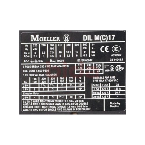 Moeller DIL M 17-10 (DIL M(C)17) Leistungssch&uuml;tz Power Contactor 250 VDC 40A