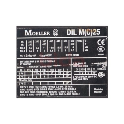 Moeller DIL M 25-10 (DIL M(C)25) Leistungssch&uuml;tz Power Contactor  600V 40A