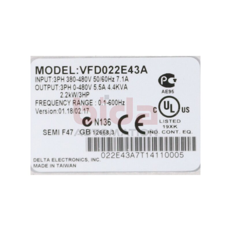Delta Electronics VFD022E43A Frequenzumrichter Frequency Converter 380-480V 7.1A