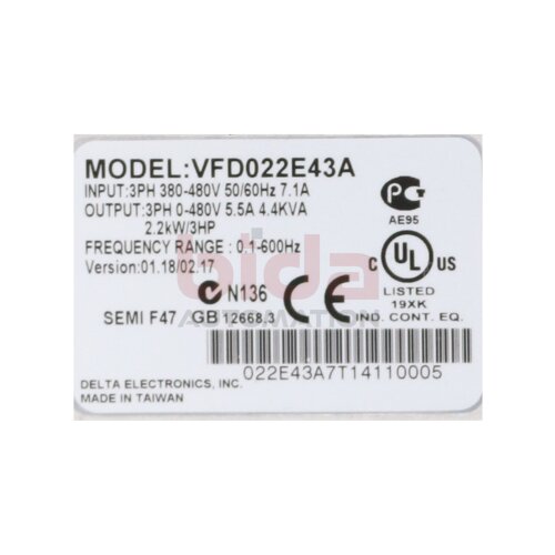 Delta Electronics VFD022E43A Frequenzumrichter Frequency Converter 380-480V 7.1A