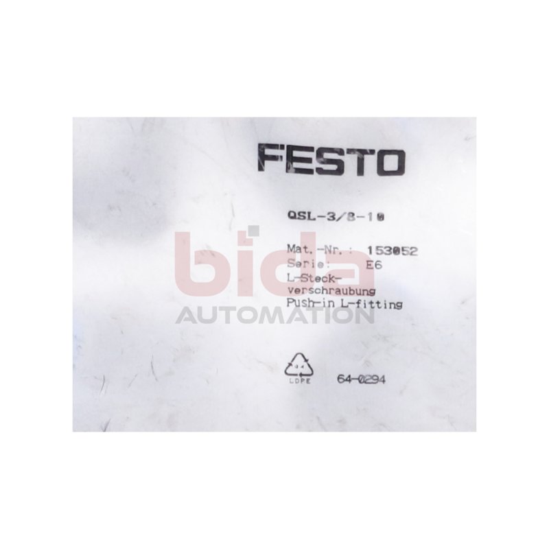 Festo QSL-3/8-10 Mat.-Nr. 153052 (10Stk) Steckverschraubung Push-in fitting