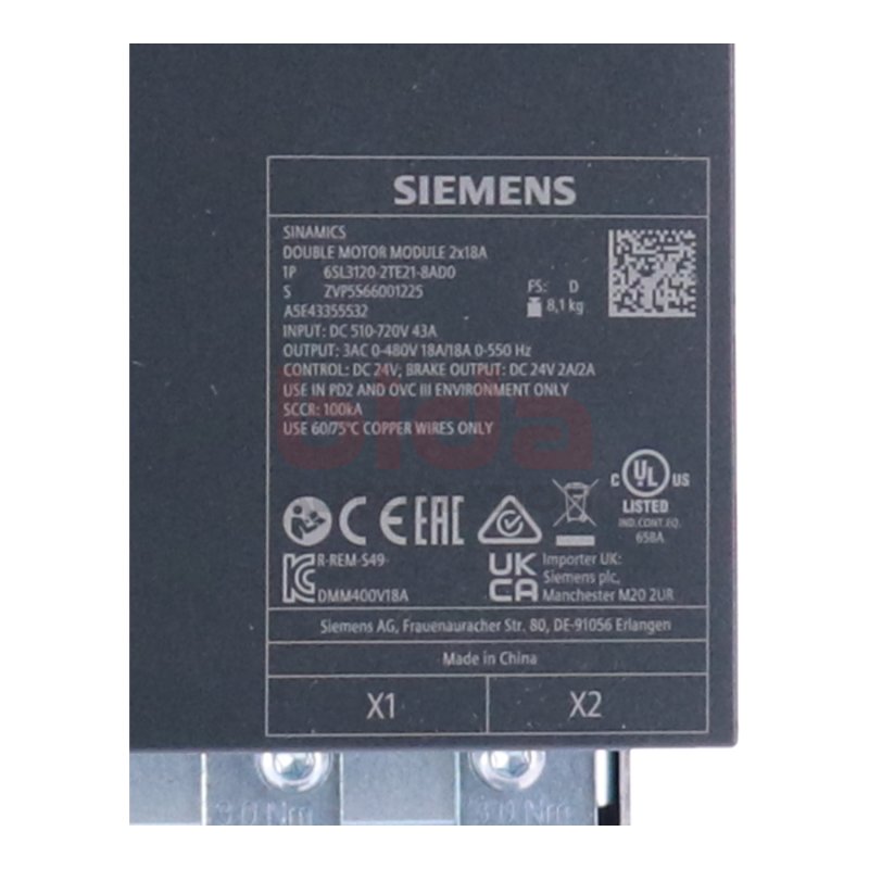 Siemens Sinamics 6SL3120-2TE21-8AD0 Double Motor Module 2x 18A 3AC 400V DC 600V