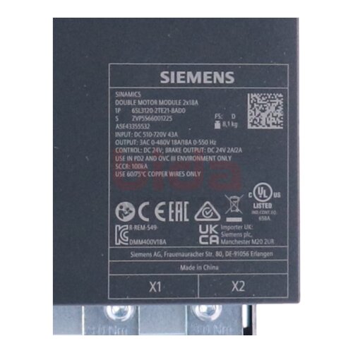 Siemens Sinamics 6SL3120-2TE21-8AD0 Double Motor Module 2x 18A 3AC 400V DC 600V
