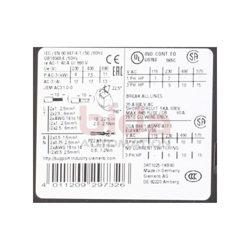 Siemens 3RT1025-1KB40 Leistungssch&uuml;tz Power Contactor 400V 17A 7,5kW