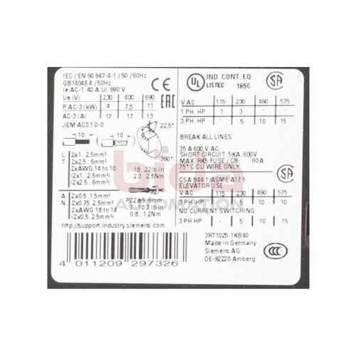 Siemens 3RT1025-1KB40 Leistungssch&uuml;tz Power Contactor 400V 17A 7,5kW