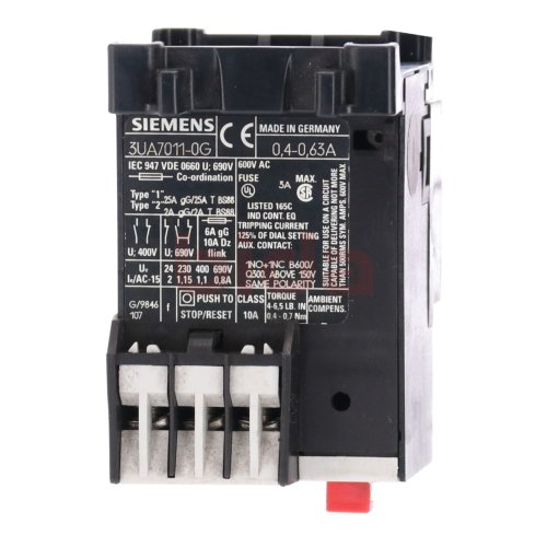 Siemens 3UA7011-0G Motorschutzschalter Motor Protection Switch 690V 0,4-0,63A