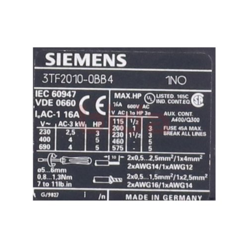 Siemens 3TF2010-0BB4 Sch&uuml;tz / Contector 600V 16A