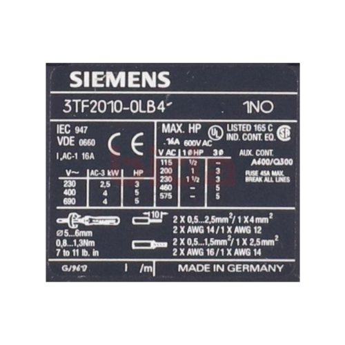 Siemens 3TF2010-0LB4 / 3TF2 010-0LB4 Sch&uuml;tz / Contector 600V 16A