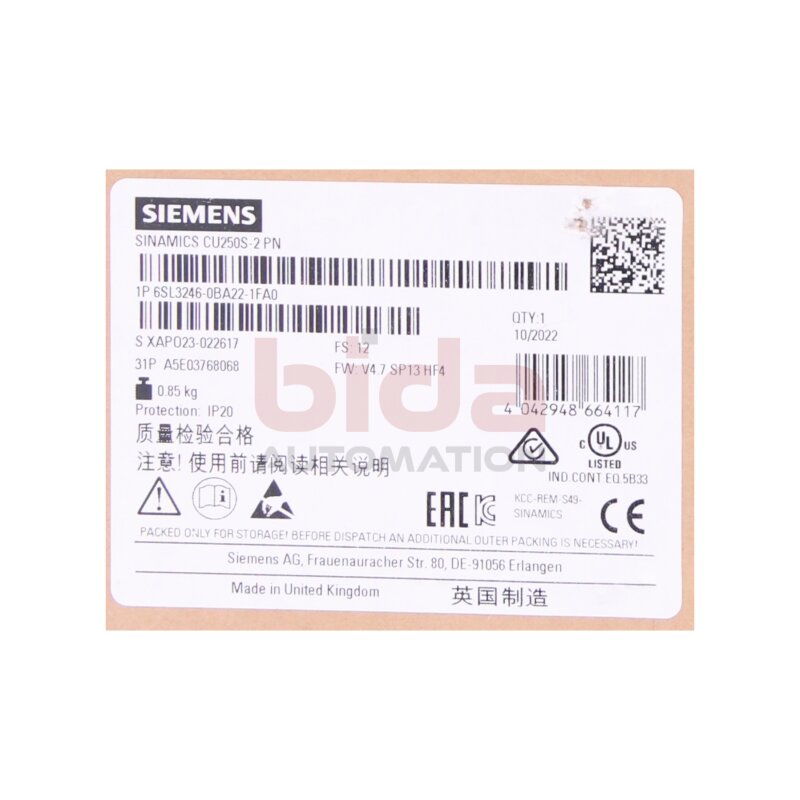 Siemens 6SL3246-0BA22-1FA0 / 6SL3 246-0BA22-1FA0 SINAMICS G120 Control Unit CU250S-2