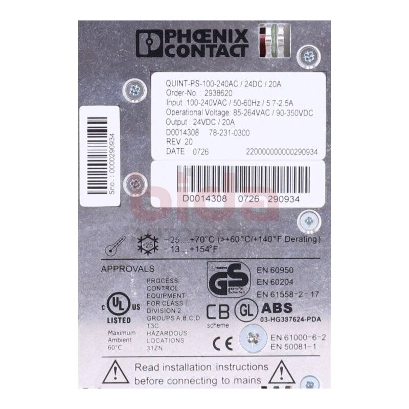 Phoenix Contact QUINT-PS-100-240AC/24DC/20A (2938620) Stromversorgung / Power Supply 100-240VAC 24DC 20A
