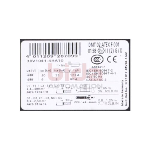 Siemens 3RV1041-4HA10 / 3RV1 041-4HA10 Leistungsschalter / Circuit Breaker 690V 80A