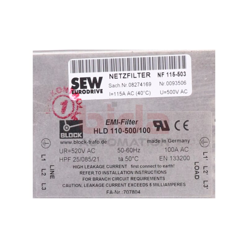 SEW SEW NF 115-503 (08274169) / BLOCK HLD 110-500/100 Netzfilter / Line Filter  500 VAC
