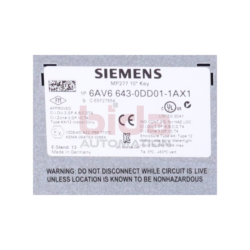 Siemens 6AV6643-0DD01-1AX1 / 6AV6 643-0DD01-1AX1 SIMATIC MP 277 10" Key Multipanel Panel
