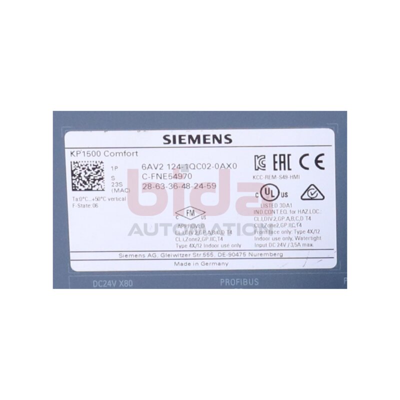 Siemens 6AV2124-1QC02-0AX0 SIMATIC HMI KP1500 Touch Panel Comfort Panel 15" Widescreen-TFT-Display