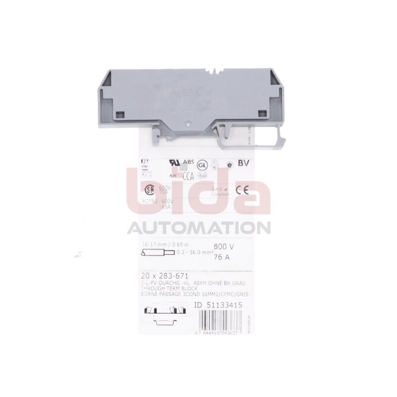 Wago 283-671 (16mm&sup2; 800V) Durchgangs-Rheihenklemme /  Feed-Through Terminal Block 800V 76A