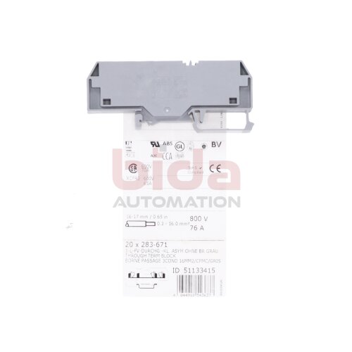 Wago 283-671 (16mm&sup2; 800V) Durchgangs-Rheihenklemme /  Feed-Through Terminal Block 800V 76A