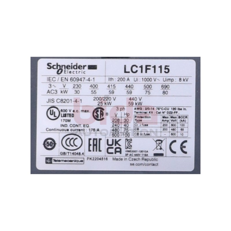 Schneider LC1 F115P7 Leistungssch&uuml;tz / Power Contactor 200A 1000V