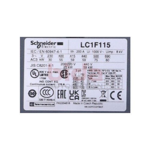 Schneider LC1 F115P7 Leistungssch&uuml;tz / Power Contactor 200A 1000V