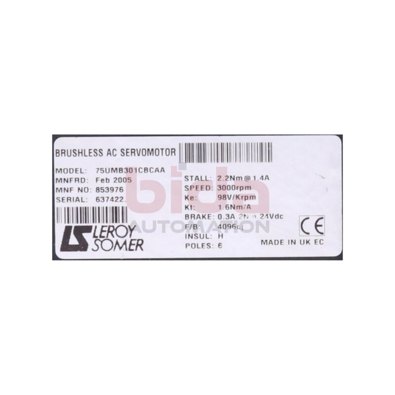 LS Leroy Somer 75UMB301CBCAA Servomotor / Servo Motor 24VDC