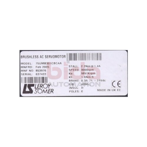 LS Leroy Somer 75UMB301CBCAA Servomotor / Servo Motor 24VDC