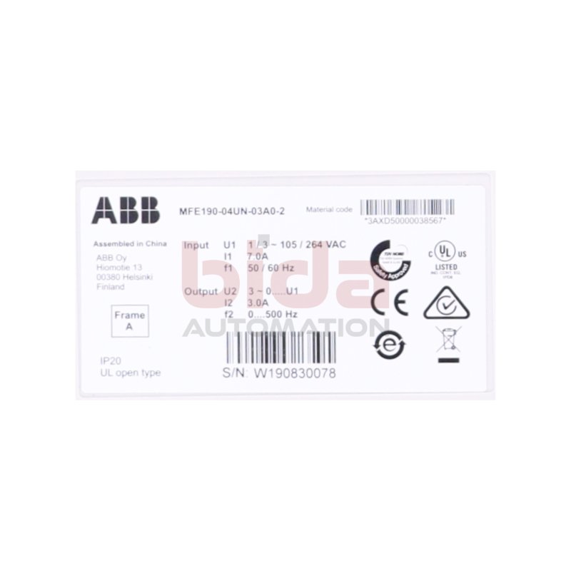 ABB MFE190-04UN-03A0-2  Frequenzumrichter / Frequency Converter 105-264 VAV 7,0 A