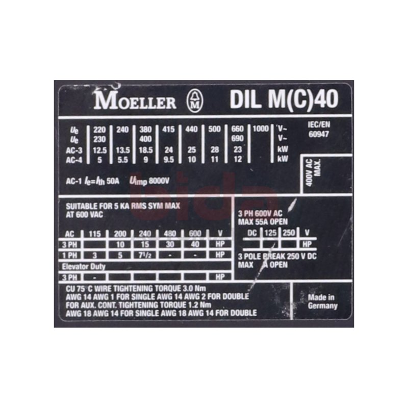 Moeller DIL M(C)40 (DIL M40) Leistungssch&uuml;tz / Power Contactor 400 VAC 8000V 50A