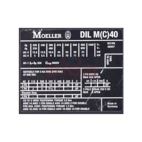 Moeller DIL M(C)40 (DIL M40) Leistungssch&uuml;tz / Power Contactor 400 VAC 8000V 50A