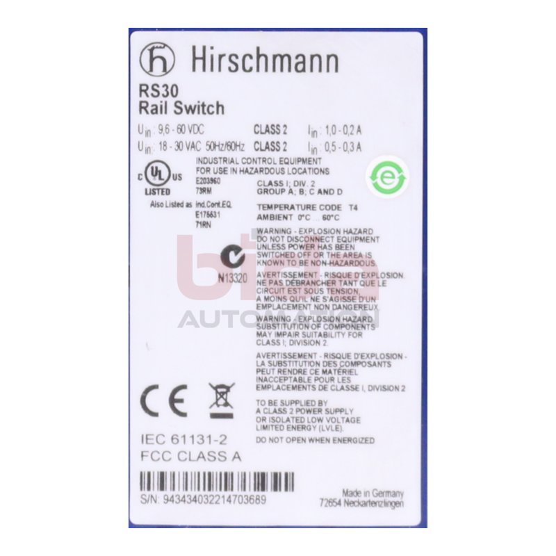 Hirschmann RS30-0802O6O6SDAPHH06.0.03 Schiene Schalter / Rail switch 9,6-60VDC 18-30VAC