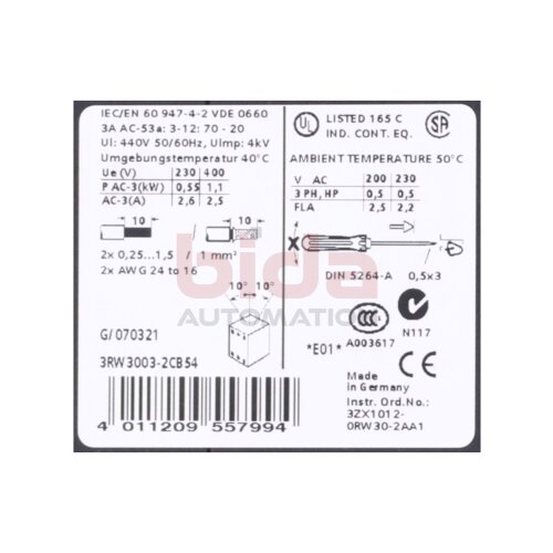 Siemens 3RW3003-2CB54 SIRIUS Sanftstarter / Soft starter 440V
