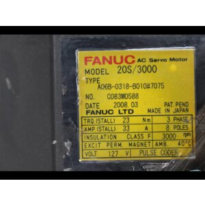 Fanuc 20S/3000 AC Servomotor A06B-0318-B010#7075 3000 rpm